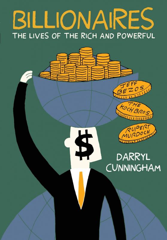 a man with a dollar-sign face carries a large bowl of gold coins on his head.
