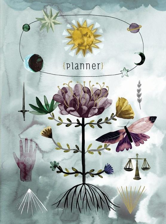 watercolor illustrations of a sun, a flower, a moth, a hand, a sword, and various planets